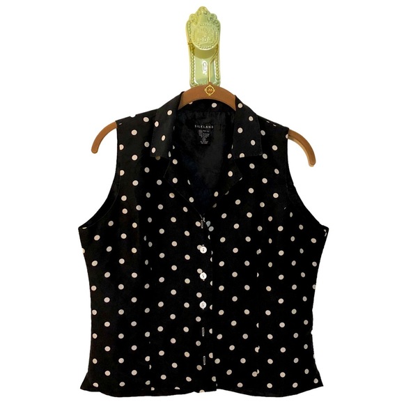 𝅺Silk Retro Mini Polka Dot Rockabilly Vest Sleeveless Button Top Black White S - Picture 1 of 11